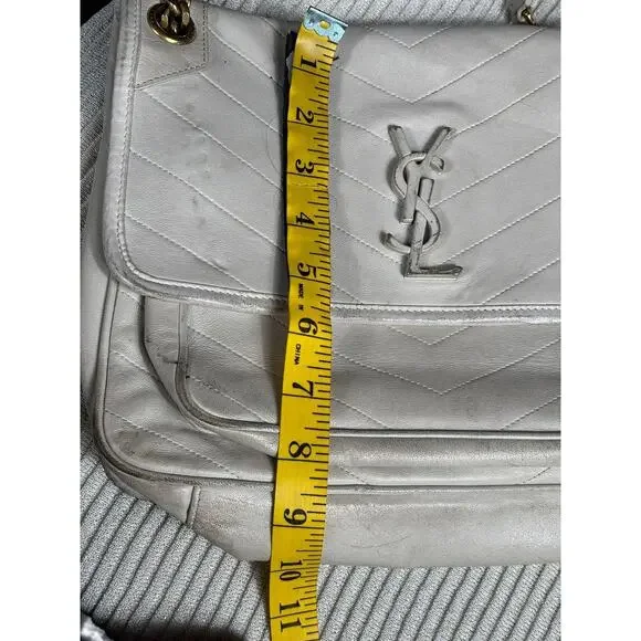 Saint Laurent YSL Bag Womens White Quilted Leather Chain Shoulder Chevron Purse - Picture 12 of 12
